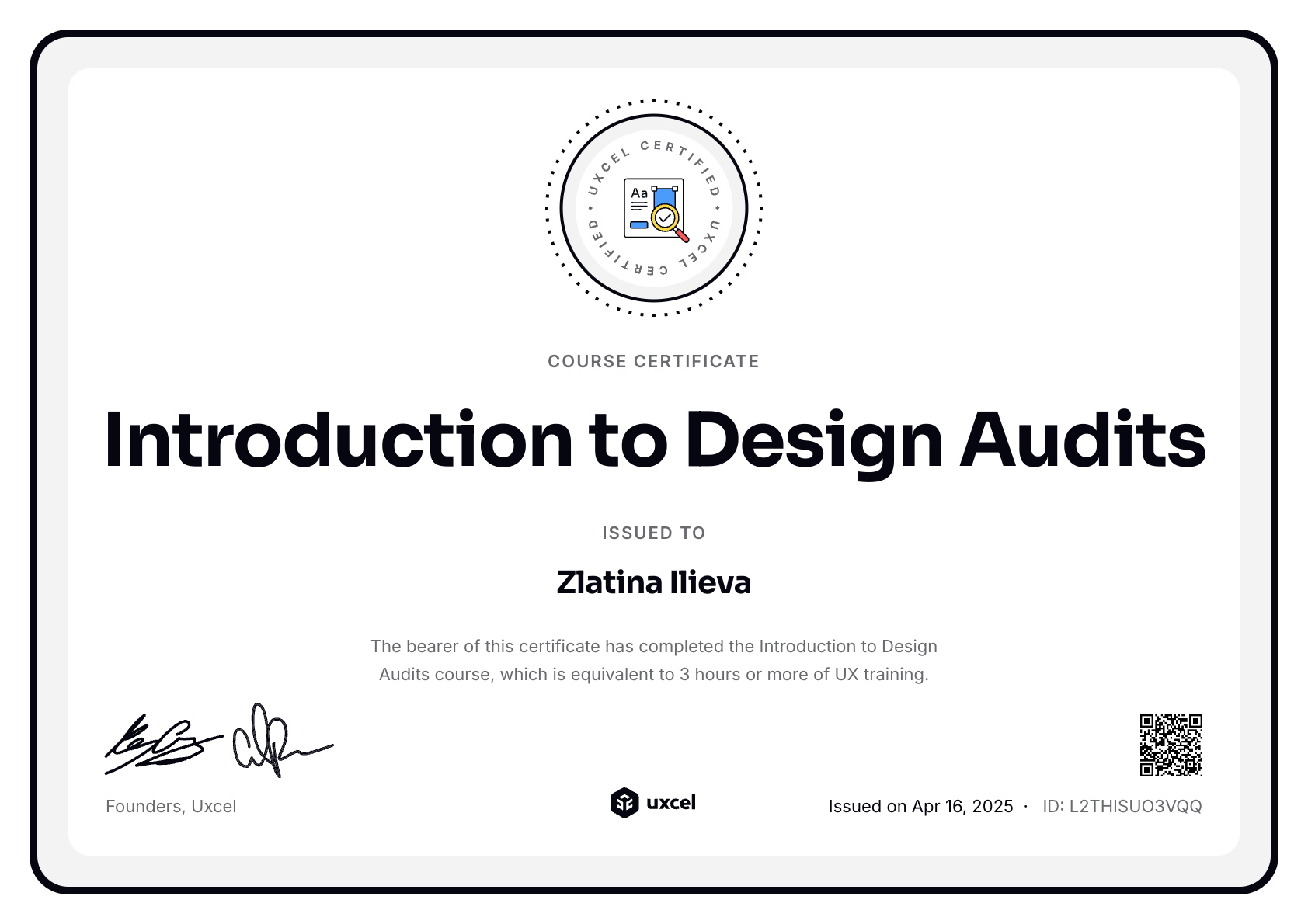 Zlatina Ilieva's certificate